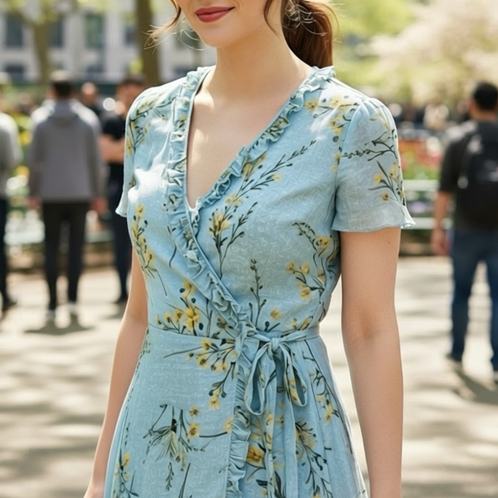 PEACH LOVE CALIFORNIA Women's Blue Floral Wrap Dress Size XS/S Short Sleeve